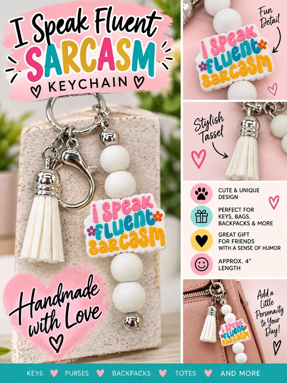 A72. I Speak Fluent Sarcasm Keychain White & Pink NWT
